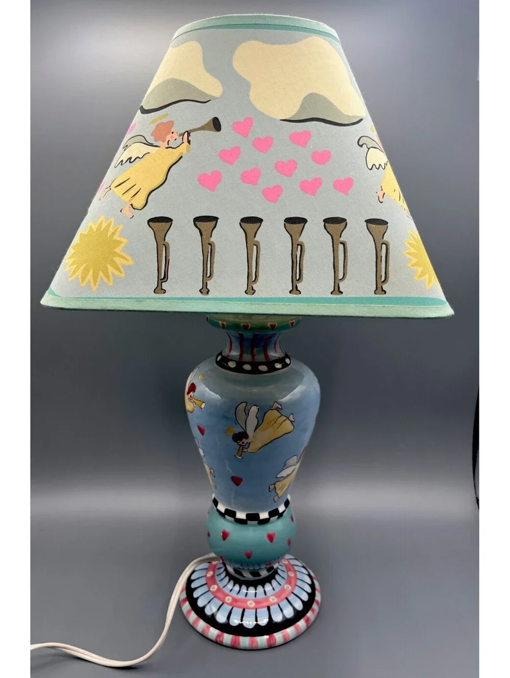 Patricia Dupont Lamp Hand Painted Angels Hearts Table Lamp, Original  Shade 1997